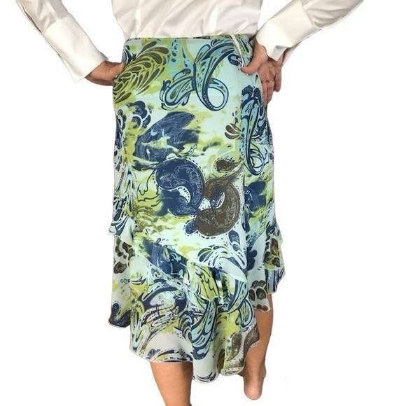 Mexx blue & green pattern slant skirt size 8 fully lined ruffles towards hem - Picture 2 of 5